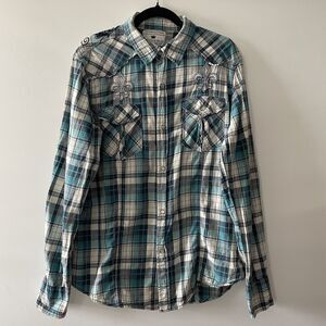 Pop Icon Clothing Men's Blue Plaid Western Shirt Pearl Snap Button Size L